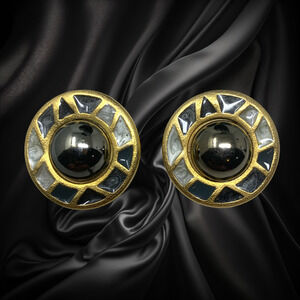 Vintage Xeja Mosaic Earrings Gold Tone Black Enamel Modernist Clip On Couture